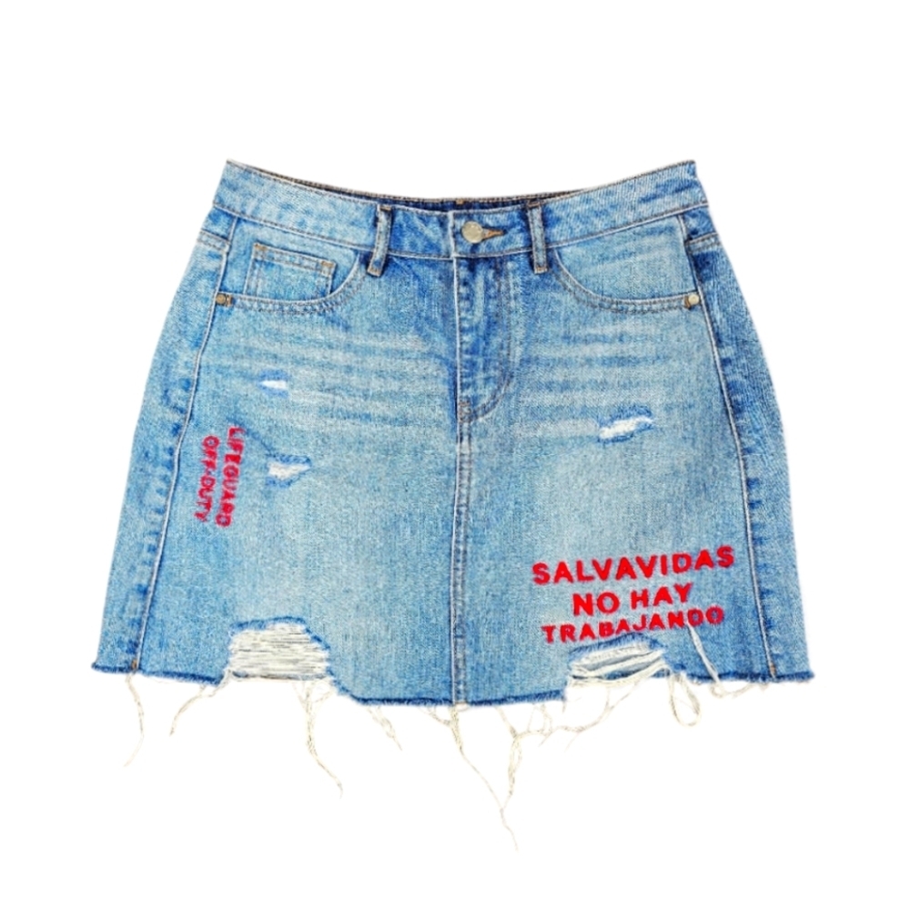 La Chapelle Lifeguard Off-Duty Denim Skirt with Red Embroidery, Size 38